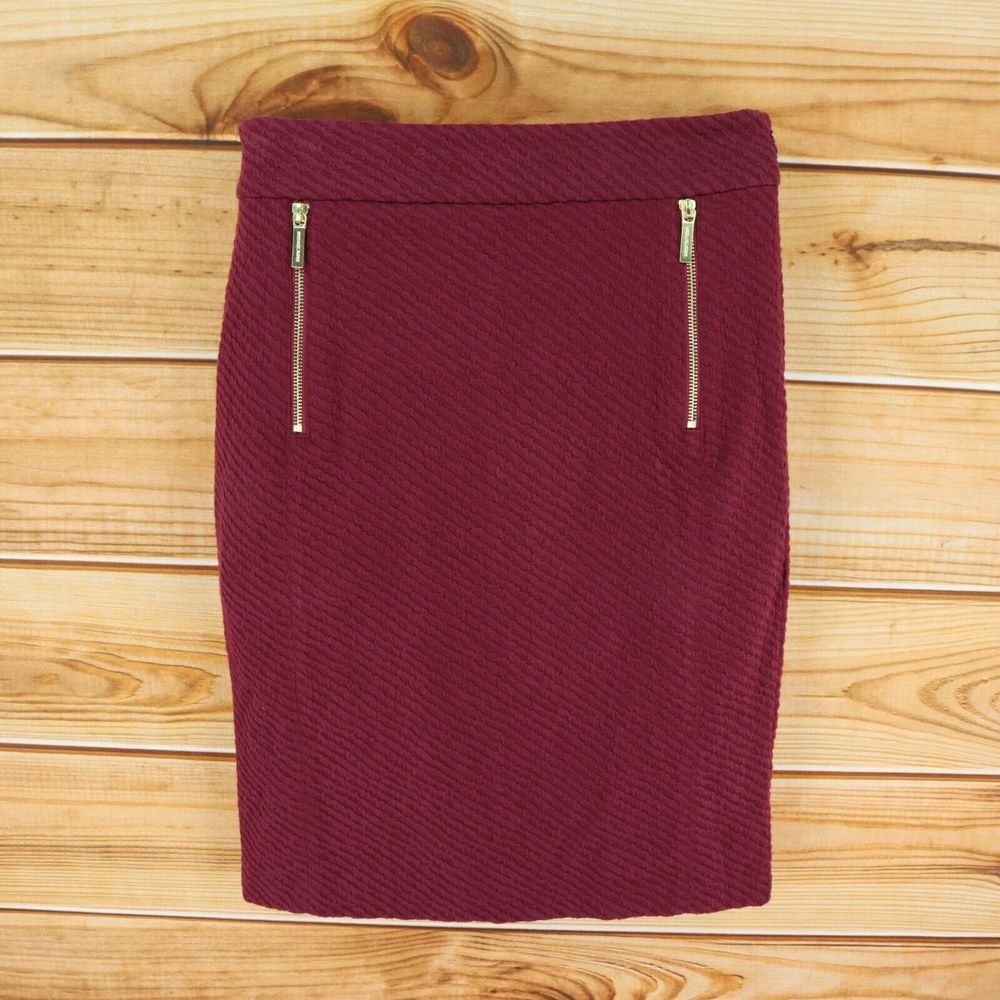 Michael‎ Kors Skirt Womens Size M Maroon Ribbed Cotton Blend Gold Zipper Accents